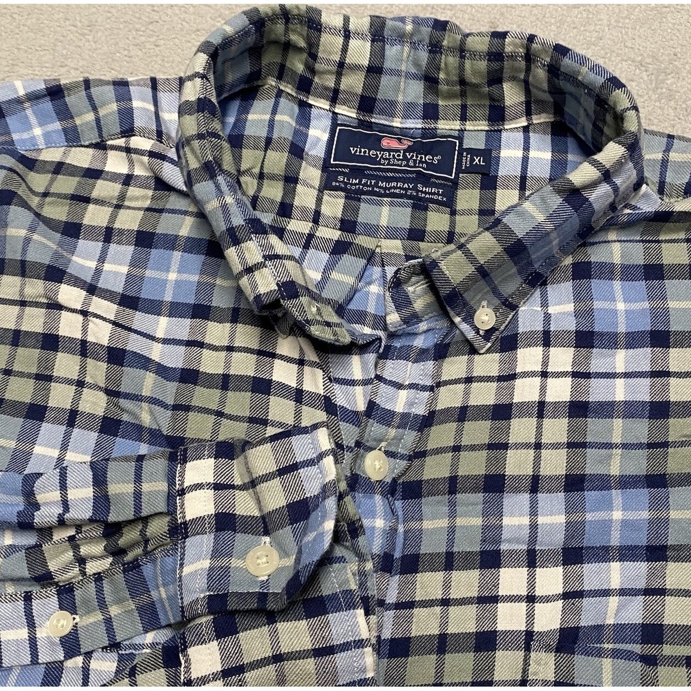 Vineyard Vines Murray Shirt Mens XL Flannel Linen Blend Plaid Button Down Preppy